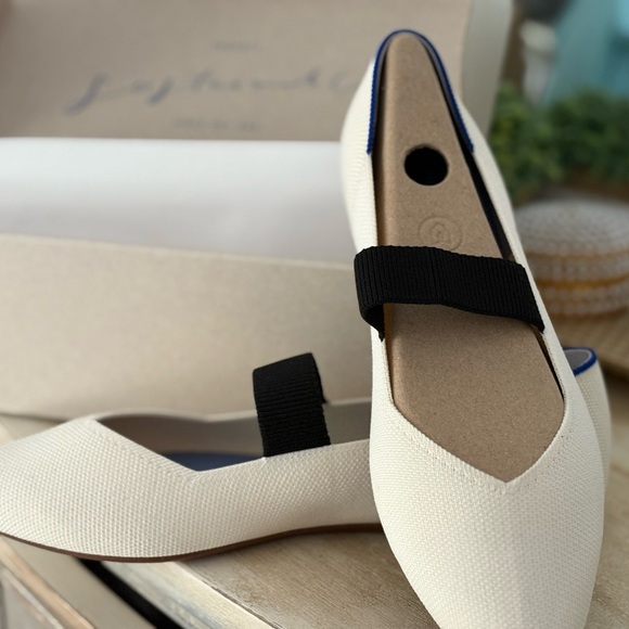 Rothy's Shoes - Rothy's Cream Ballet Flats with Black Elastic Strap and Blue Trim